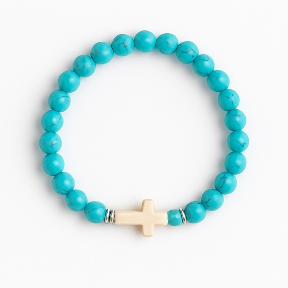 Turquoise Beaded Cross Bracelet – Stretch Elastic Stackable Unisex Jewelry - Picture 4 of 5
